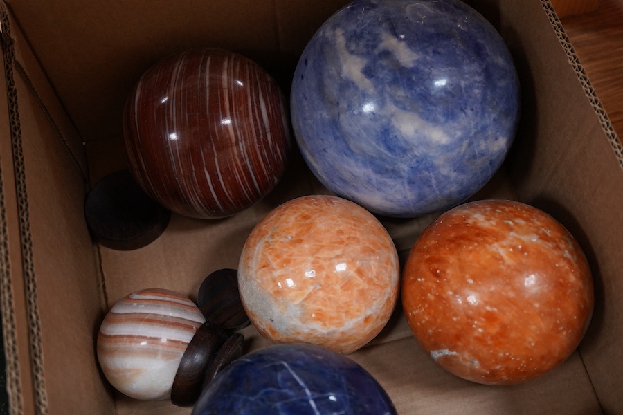 Fifteen marble, quartz and other crystal spheres of various diameters, the largest approx 14cm diameter, and an amethyst geode